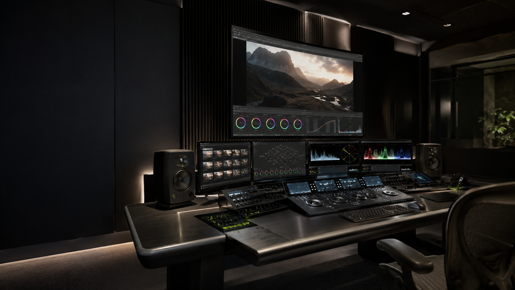 AI-generated high-end post production editing suite with color grading interface